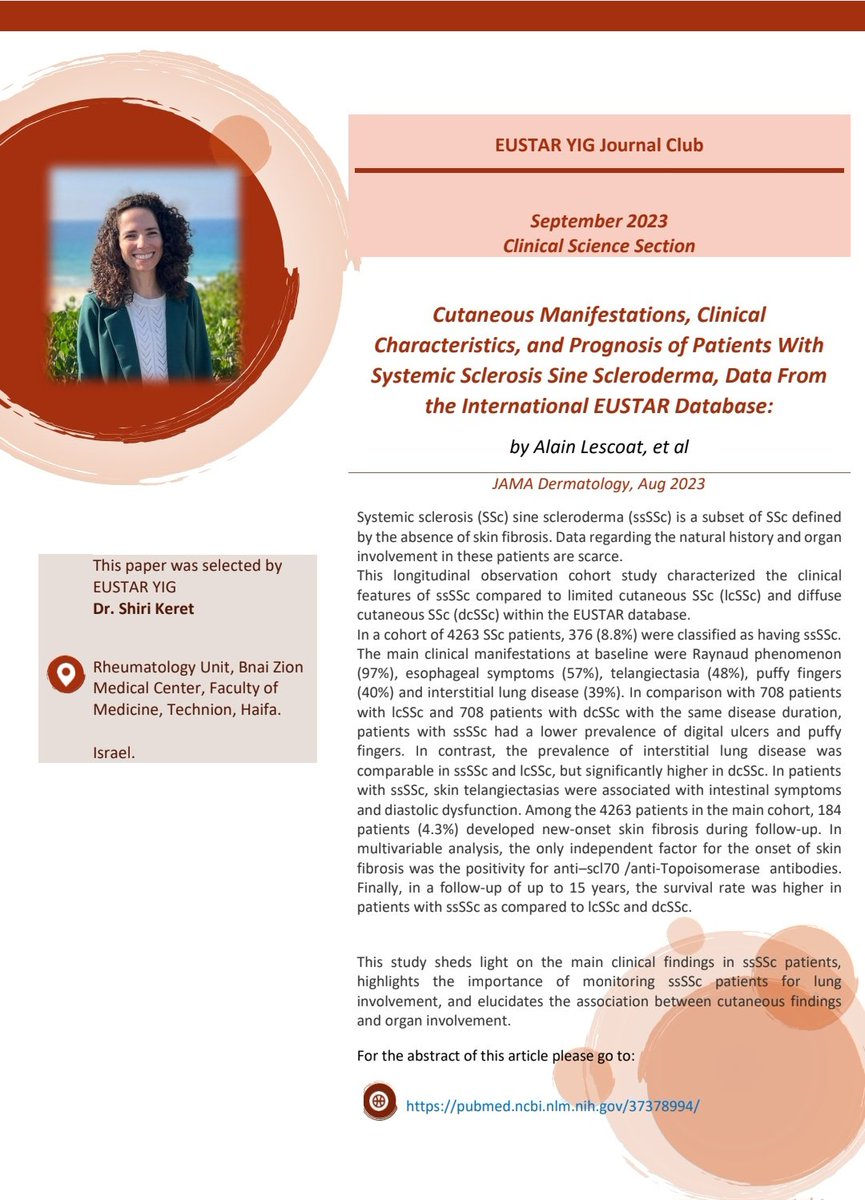 📢SSc Clinical Science Journal Club 💥September hot news by @shirikeret 🎯WIN- Patients with SSc sine scleroderma have a comparable rate of ILD vs lcSSc! Find out more 👉 pubmed.ncbi.nlm.nih.gov/37378994/ #EUSTAR#YIGs#JC YIGs @AlainLescoat