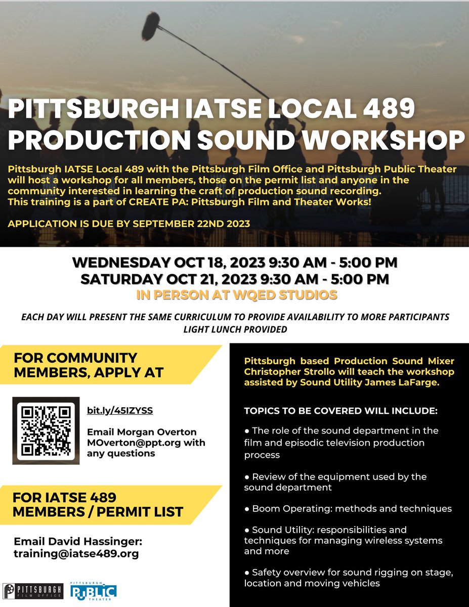 🎙️ Interested in Sound? Want to work in the film industry!?! Join us for the Pittsburgh IATSE Local 489 Production Sound Workshop! 

📝 APPLICATIONS ARE DUE SEPTEMBER 22ND, 2023! Apply here: bit.ly/45IZYSS

#training #sounddepartment #sound #boomoperator #soundutility