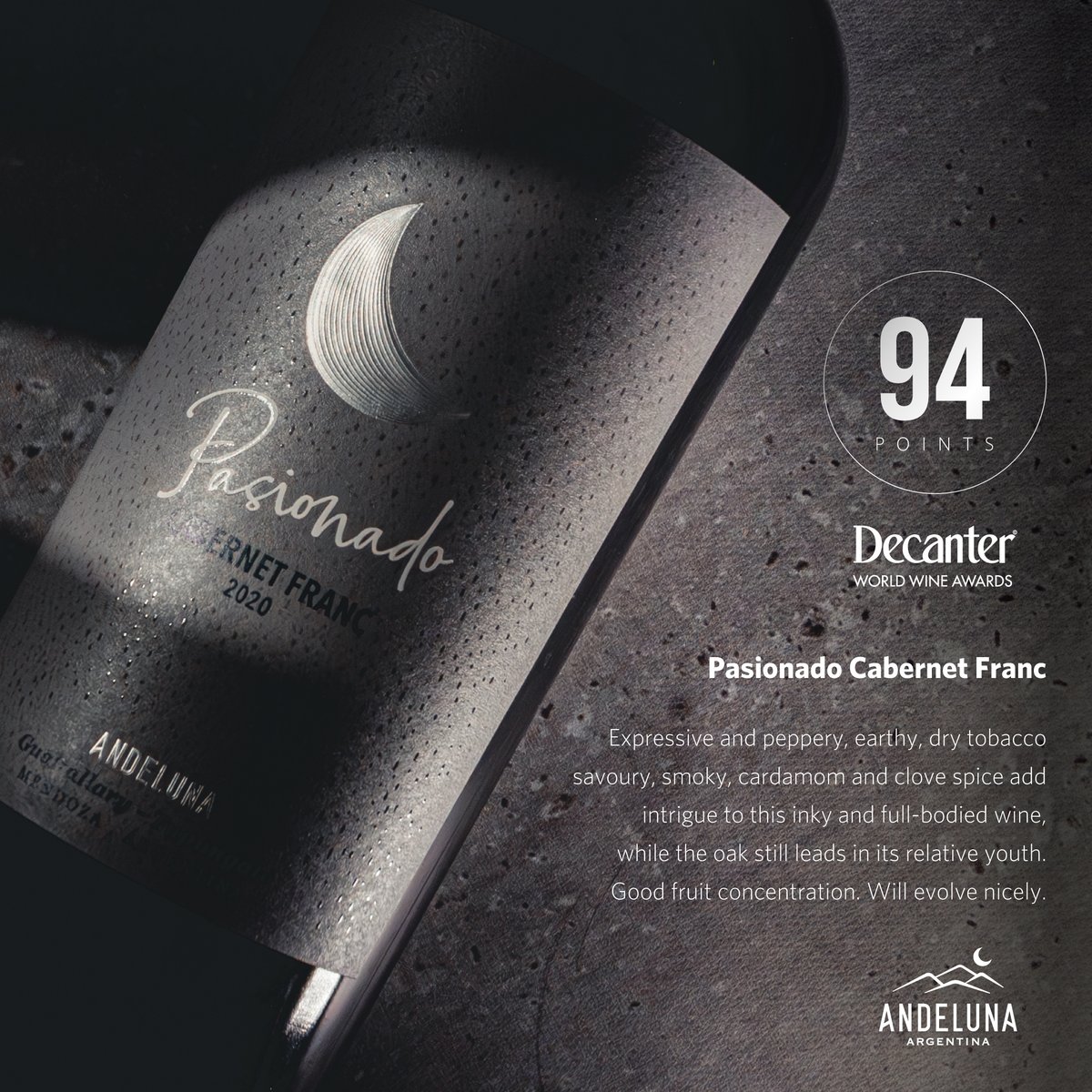 We are proud to have been awarded an outstanding recognition by the prestigious <a href="/Decanter/">Decanter</a> magazine for our Pasionado Cabernet Franc 2020. Our flagship wine embodies not only our dedication, but also our avant-garde spirit in crafting this distinct variety in Argentina.