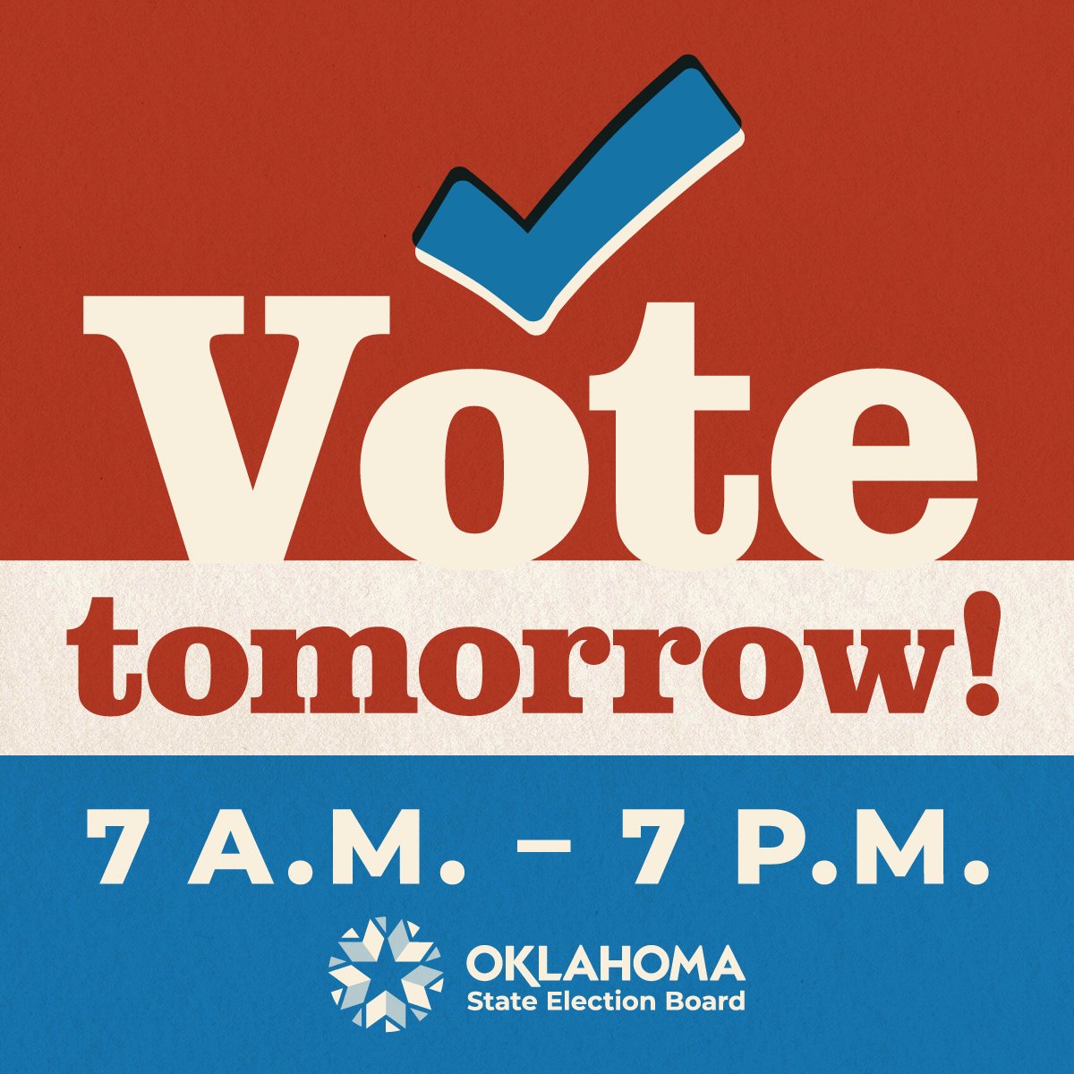 Tomorrow is Election Day for 34 counties. Make plans to get out and vote! 

Find your polling place and view a sample ballot: oklahoma.gov/elections/ovp.… (If you have a sample ballot available - you have an election.)

See the election list: hosting.okelections.us/electionlist.h…