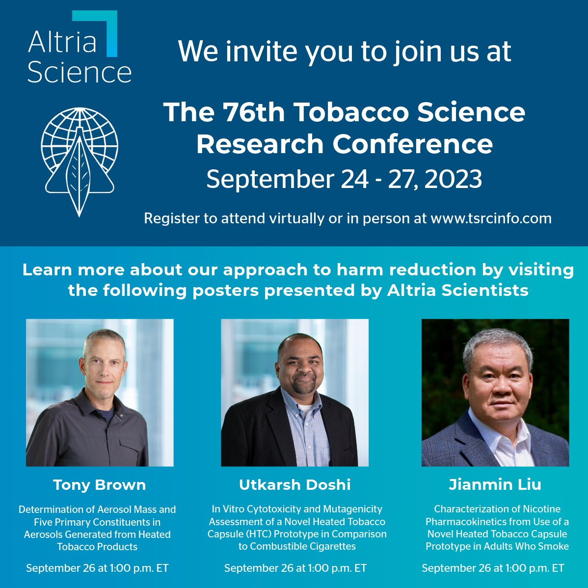AltriaScience's tweet photo. We’re looking forward to attending the 76th Tobacco Science Research Conference in Norfolk, VA. Register to hear our scientists talk about their recent work at https://t.co/mSeNFtn7CI.
Check out https://t.co/ZGFvcqNcmo to view their posters after the conference. #76tsrc https://t.co/4VL46GJSDK