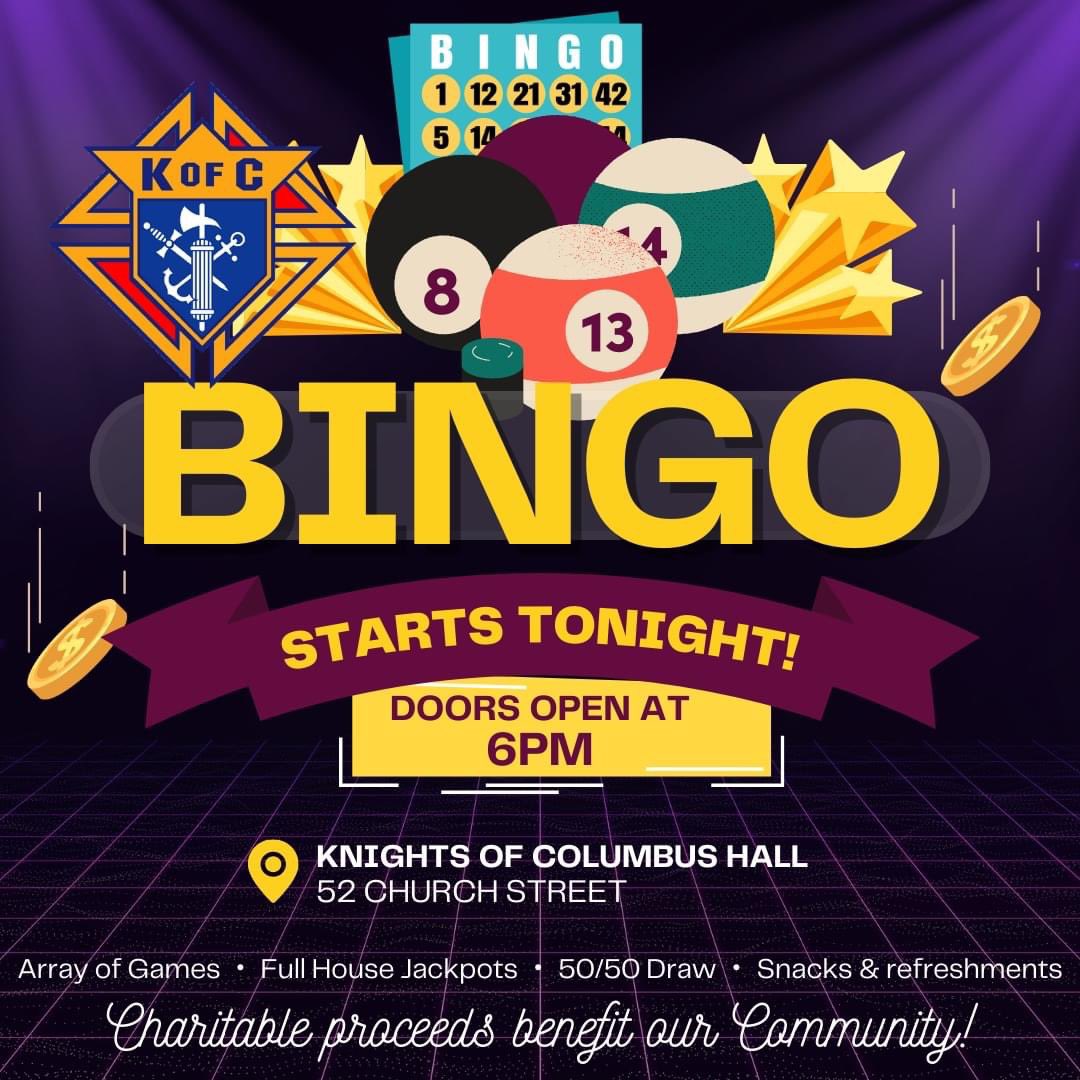 Hey #ParrySound!  Get your bingo daubers ready!
Knights of Columbus Monday Night Bingo starts up TONIGHT, September 11th - doors open at 6PM; early bird game at 7PM.  Toonie Pot: $1,000!

Knights of Columbus Hall - 52 Church St. (Behind the Church)
#EveryoneWelcome #Bingo