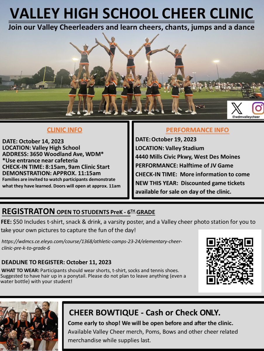WDMvalleycheer's tweet photo. Registration now open for our annual Elementary Cheer Clinic! https://t.co/mqCfhd7nva