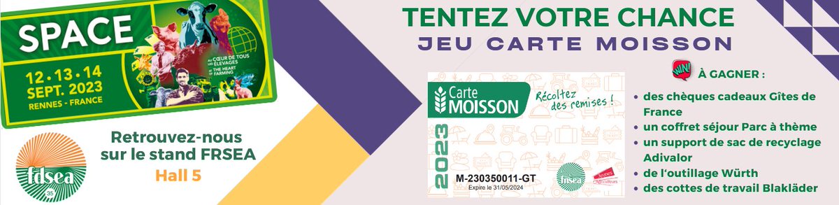 FDSEA35's tweet photo. #SPACE2023 : venez à la rencontre de nos élus sur le stand FRSEA au Hall 5.
🤞Pour les adhérents, tentez votre chance en participant à notre jeu #CarteMoisson ! De nombreux lots à gagner chaque jour !
#fdsea35 #frseabretagne #gitesdefrance #adivalor #wurth #blacklader https://t.co/oRFqlVuahg