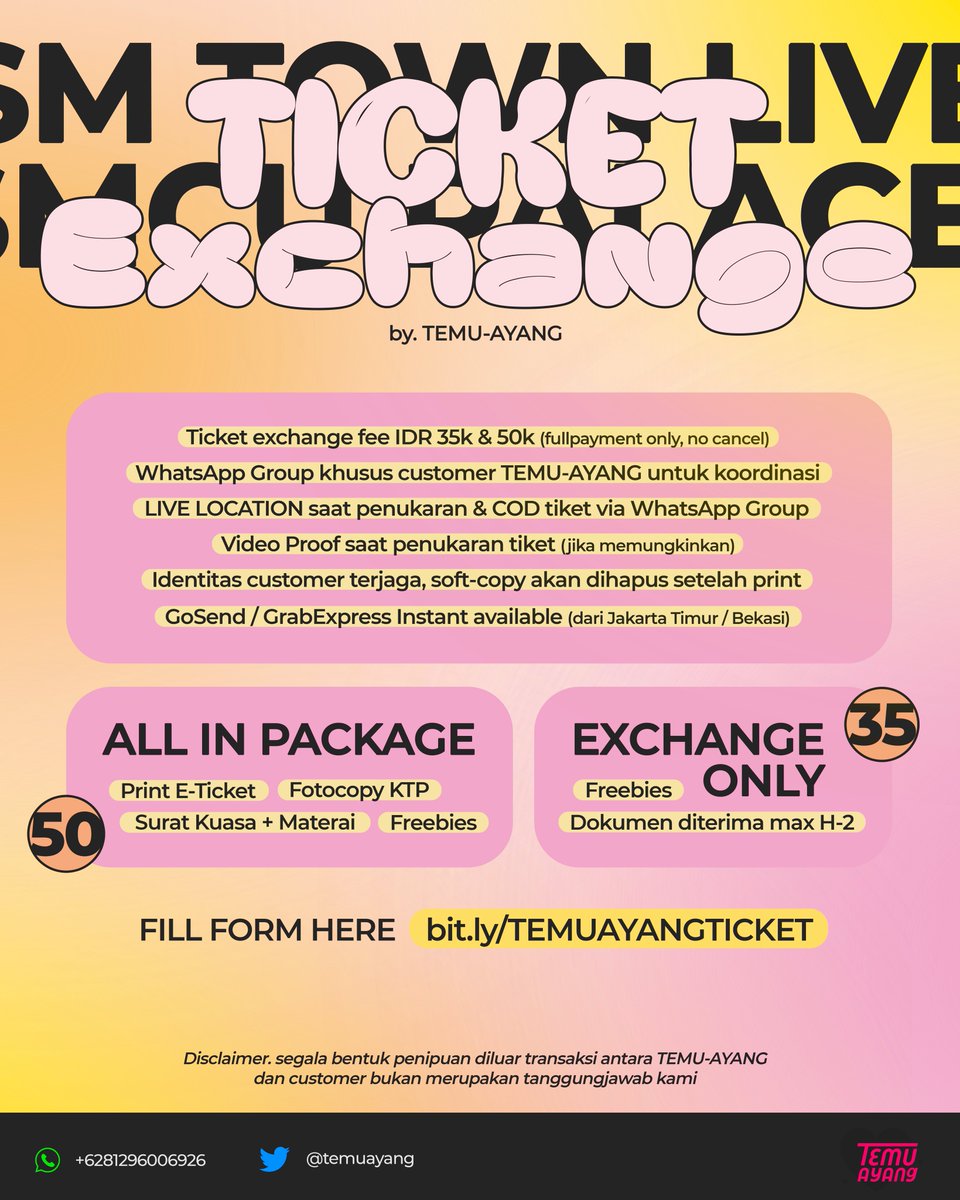 temuayang's tweet photo. buat kamu yang males panas-panasan di gbk buat tuker tiket, this one’s for you!

JASA PENUKARAN TIKET
⭐️ SMCU PALACE 2023 ⭐️

💳 IDR 35k (exchange only) &amp; 50k (all in, terima beres)
📍 GoSend &amp; GrabExpress area Jakarta Timur / Bekasi available
🖇️ MORE INFO https://t.co/Ly1pvJclmh https://t.co/XFexdUFit6