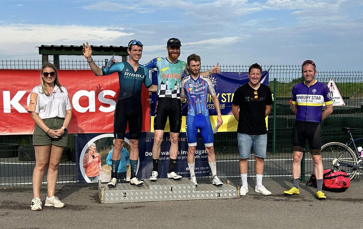 The podium for yesterday's Men's National Elite race at Shenington - Alec Briggs (1st), Tom Couzens (2nd) and Cam Mclaren (third) - flanked by Ella Barnett, from our main race sponsors, The New Foscote Hostital. Also joining them are Alex Tebbs (Kalas) and Mark Boyles.
