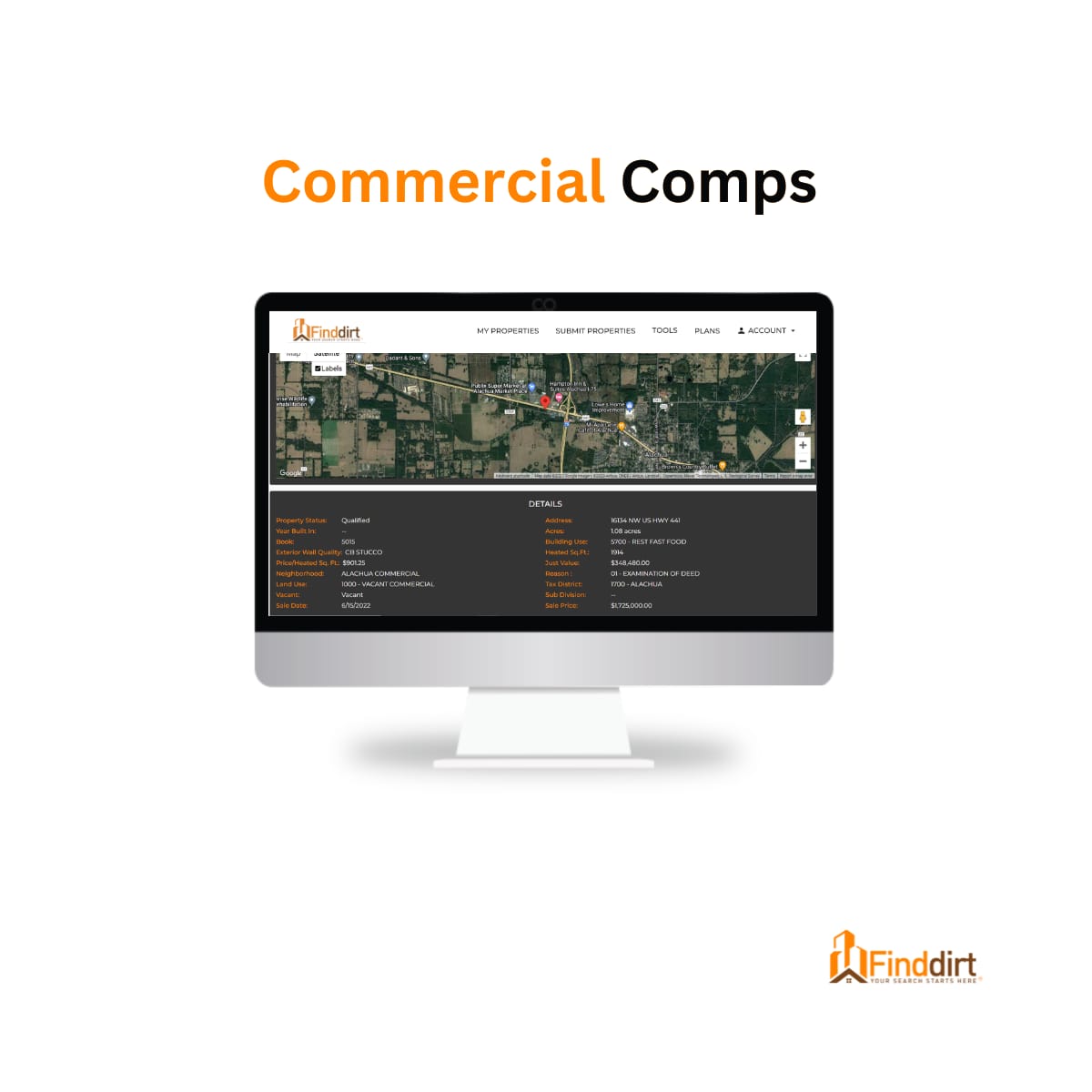 Why did we create FindDirt.com...because we couldn't think of one good reason to over pay for CRE data!

We got Comps, Demos, Traffic Counts, Property Records and more!