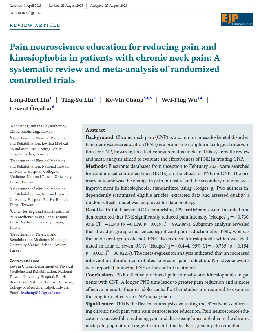 PhysioMeScience's tweet photo. Pain neuroscience education for reducing pain  and kinesiophobia in patients with chronic neck pain: A systematic  review and meta-analysis of randomized controlled trials

👇👇👇

https://t.co/UkMMZ87pZy https://t.co/zjrXPiRmIM