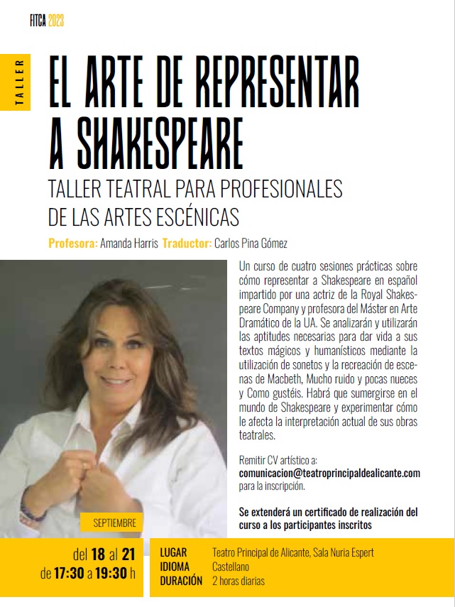 Últimos días para inscribirse en el taller gratuito que imparte nuestra profesora Amanda @popcornjotter  Harris en <a href="/teaprinalicante/">Teatro Principal ALC</a>, dentro de su VII Festival Internacional de Teatro Clásico. No pierdas la oportunidad de trabajar sobre Shakespeare con una actriz de <a href="/TheRSC/">The RSC</a> .