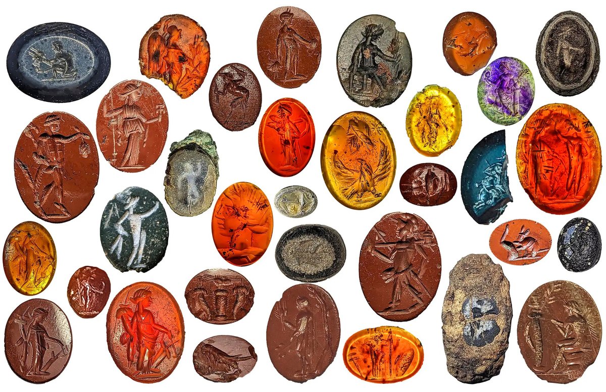 OptimoPrincipi's tweet photo. Roman intaglio gems found in the drains of an ancient bathhouse near Hadrian's Wall. The delicately carved gems of amethyst, jasper, and carnelian fell from the rings of Roman bathers in the 2nd–3rd century and were washed into the stone drains. From Carlisle Roman Baths.