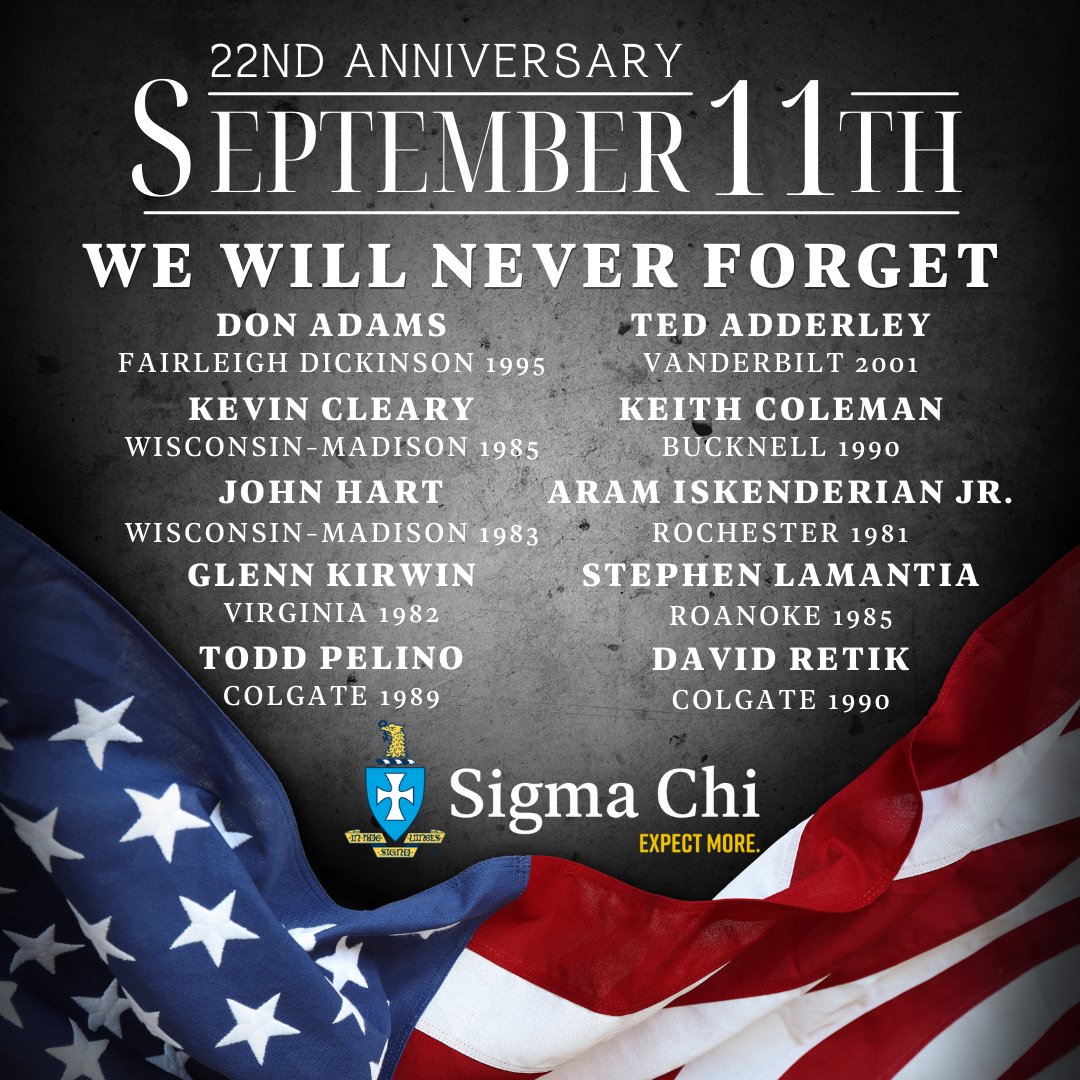 We will never forget the first responders, 10 Sigma Chi brothers and countless others who lost their lives 22 years ago today. All honor to their names.