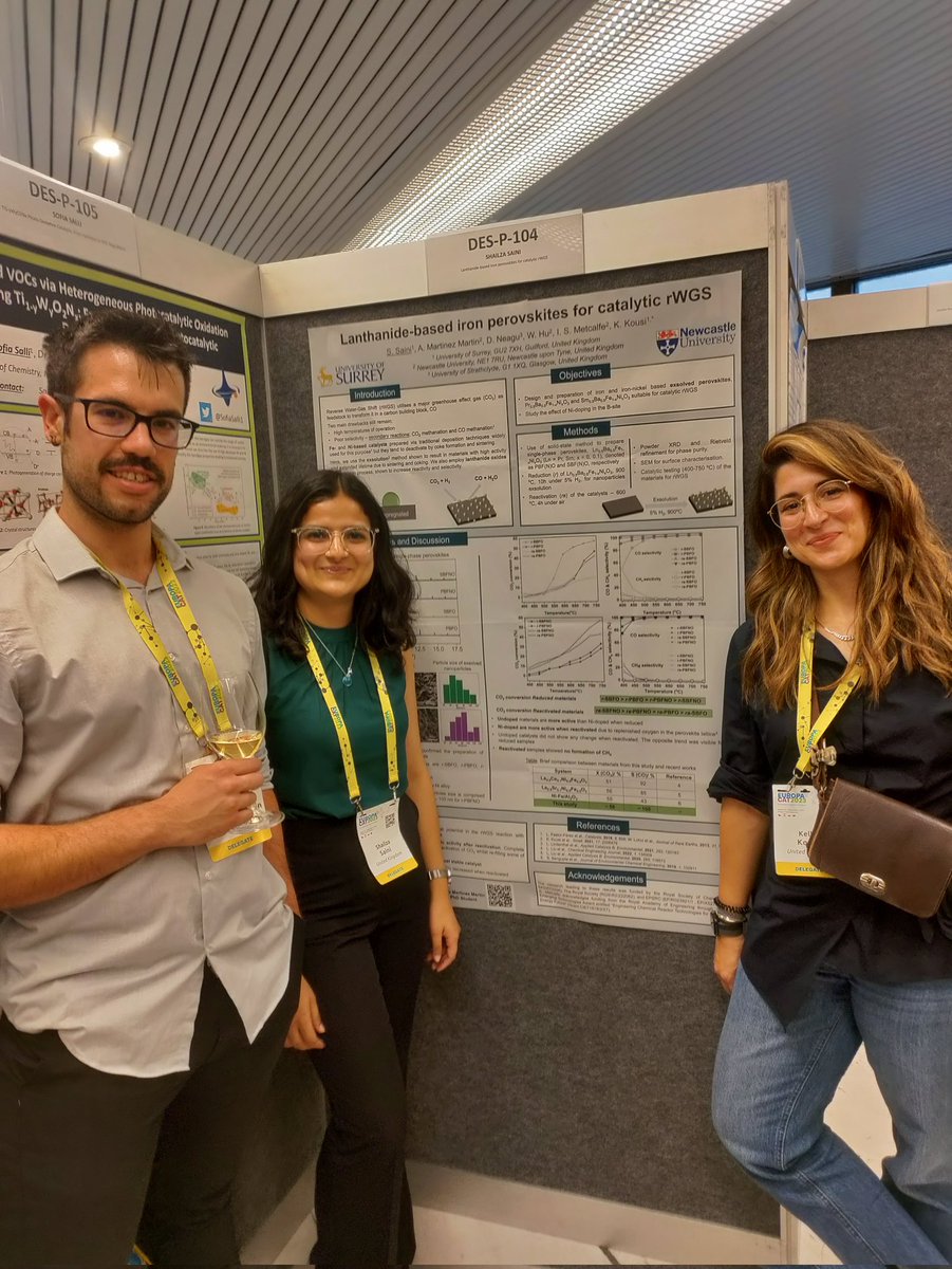 Thrilled to showcase our poster presentation at EUROPACAT 2023! Alex, a brilliant PhD student from @MatCoRE_NCL and I explored the incredible potential of rare earth metal-based perovskites for CO2 valorisation under the guidance of @kellykousi. #perovskites #netzeroby2050