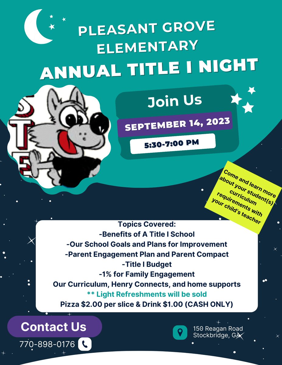 PGE_HCS's tweet photo. Please join us September 14, 2023 at Pleasant Grove Elementary to become informed on the benefits of Title I. We will also offer grade level sessions that will explain grade level curriculum requirements and expectations. We look forward to seeing you there! #LearnInHenry https://t.co/xWWdzBEUpF