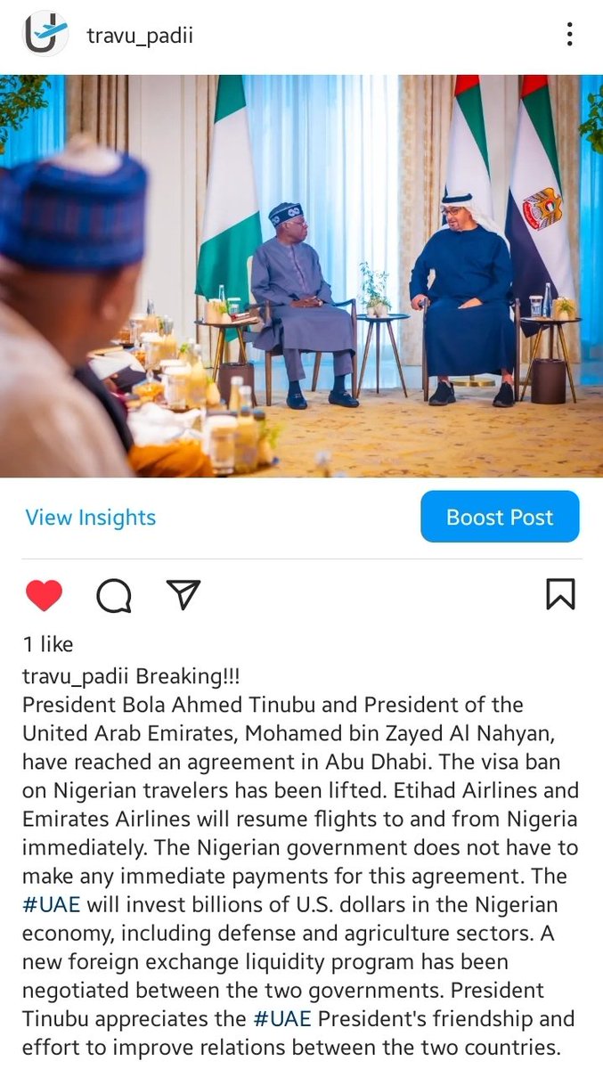 travupadi's tweet photo. Breaking!!! #UAE lift visa ban on #Nigeria to start issuing visas immediately, #Etihad &amp; #Emirates airlines are to resume operations as well! Thanks to Mr. President @officialABAT and the UAE government. https://t.co/Oac0mzNZBp