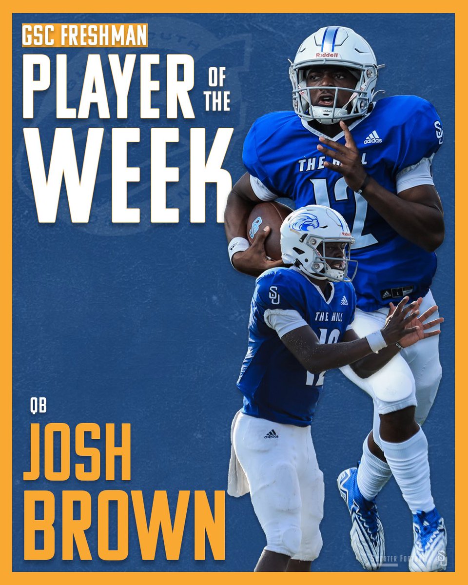 Shorter Hawks Football (@shorter_fb) on Twitter photo Not only did <a href="/jbrown_012/">Joshua Brown</a> get his first collegiate win this past Saturday, he also won <a href="/GulfSouth/">Gulf South Conference</a> Freshman Player of the Week!
He was 15/18 for 197 yards
32 rushing yards
and had 1 TD
Congrats, Josh!
#MissionDriven | #FlyHawks Not only did <a href="/jbrown_012/">Joshua Brown</a> get his first collegiate win this past Saturday, he also won <a href="/GulfSouth/">Gulf South Conference</a> Freshman Player of the Week!
He was 15/18 for 197 yards
32 rushing yards
and had 1 TD
Congrats, Josh!
#MissionDriven | #FlyHawks