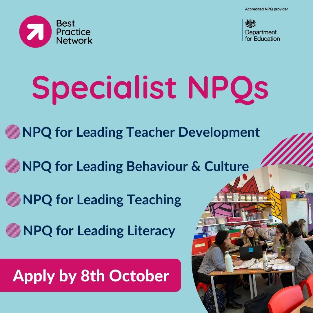 bestpracticenet's tweet image. Did you know there's full DfE funding available for state-funded schools to pursue Specialist #NPQs? 🌟 These programmes are designed to help you excel in specific areas of school development 🏫 

#NPQLT #NPQLTD #NPQLBC #NPQLL

Apply now: bestpracticenet.co.uk/specialist-npqs