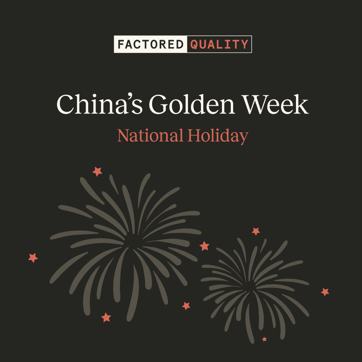 China's Golden Week is coming up! Any holiday can lead to factory closures, production delays, and potential quality issues. 

Wondering how this might impact you? Let's chat!

📅 Key Dates:
Sept 22: Last day to book
Sept 29 - Oct 6: Golden Week

Happy Golden Week!