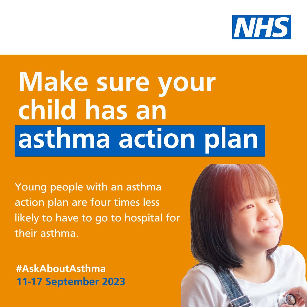 #AskAboutAsthma Get an asthma action plan in place A written asthma action plan drawn up between a clinician and patient means people are four times less likely to have to go to hospital for their asthma.