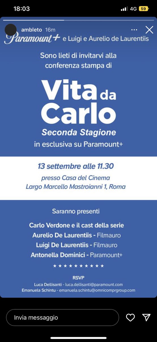 il 13 settembre a roma si terrà la conferenza stampa per la seconda stagione di #vitadacarlo con il cast della serie