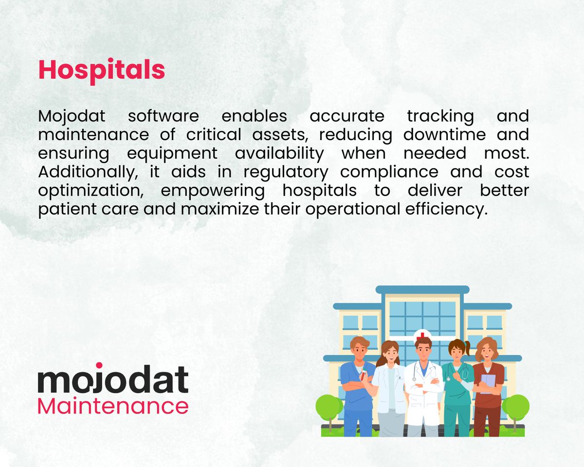 Embracing the Power of Mojodat Maintenance Software in Healthcare!

Every second counts, that's why Mojodat Maintenance Software is essential in ensuring seamless operations within the hospital industry. #maintenancemobileapps #maintenancemanagementsoftware #cmmsmaintenancecloud
