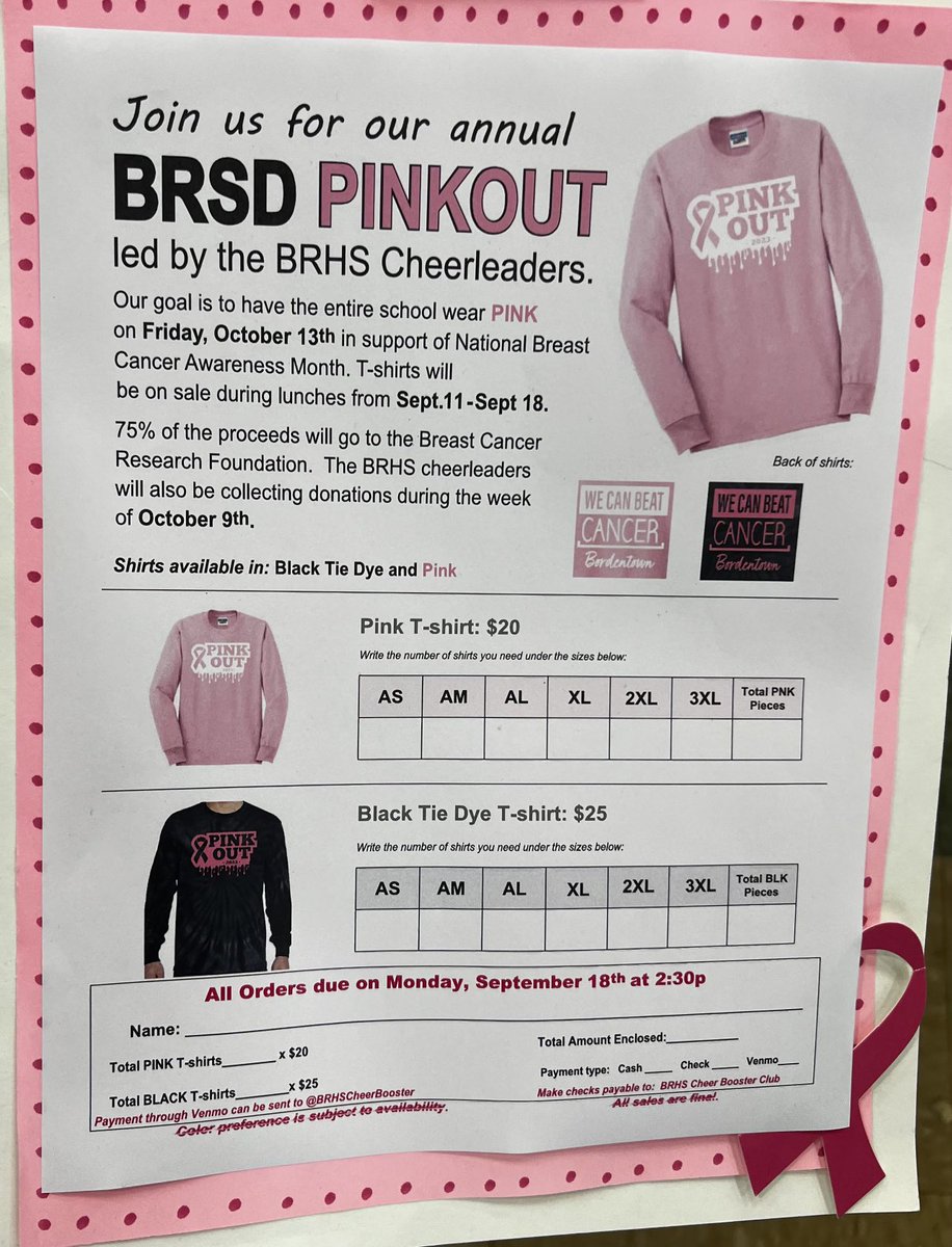 brhsathletics's tweet image. BRHS cheerleaders will be selling PINKOUT shirts in lunch this week ONLY! See attached 📣 ⁦@BRHSScotties⁩