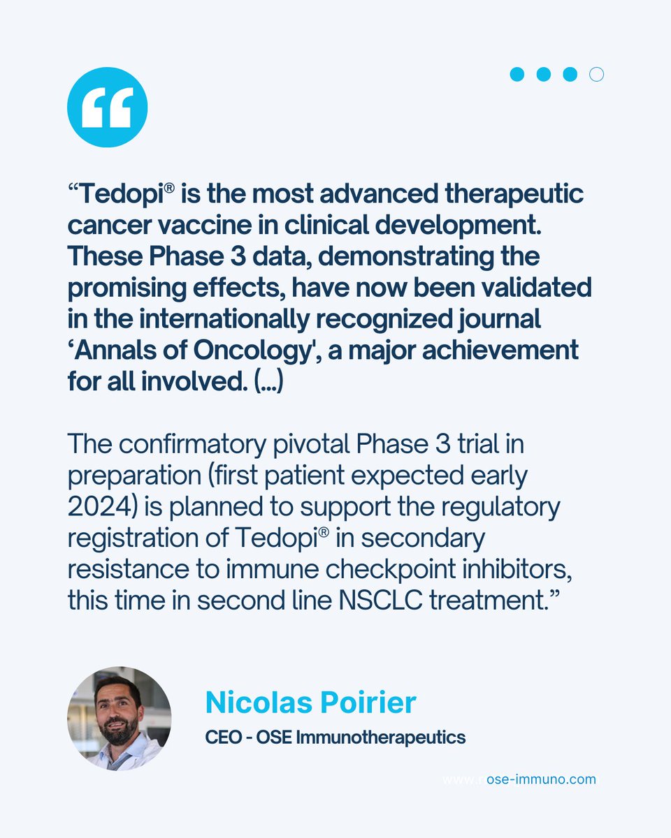 OSEImmuno's tweet photo. 🔎 Exciting news today ! We are thrilled to announce that the positive Phase 3 data on our cancer vaccine Tedopi® has just been published in the peer-reviewed journal Annals of Oncology. More infos 👉https://t.co/exSAUozDuG https://t.co/xchf0kP3bA