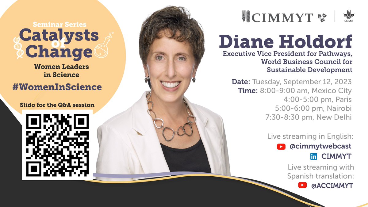 CIMMYTLegal's tweet photo. 📣 Join @CIMMYT for an exciting 5th webinar on #WomeninScience leaders featuring Diane Holdorf, @DianeBHoldorf! 🤩

🗓️ Tues., Sep. 12, 2023
🕗 8-9 AM CST

Leadership style can take many different forms. 💯

Discover yours at our event ▶️ https://t.co/ucoRI9xQSq

#womenempowerment https://t.co/eYIZhpChYG