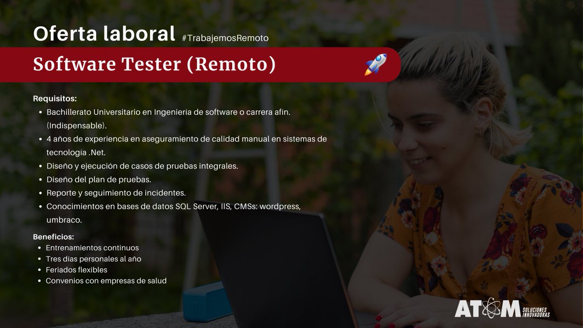 SolucionesAtom's tweet photo. OFERTA LABORAL 👀 #TrabajoSiHay Buscamos Software Tester #remoto #enespañol

Aplicá hoy mismo aquí: https://t.co/nZsTdfmgNe  o compartí la oportunidad con tus amigos y conocidos 🚀 https://t.co/vGGydIqUdQ