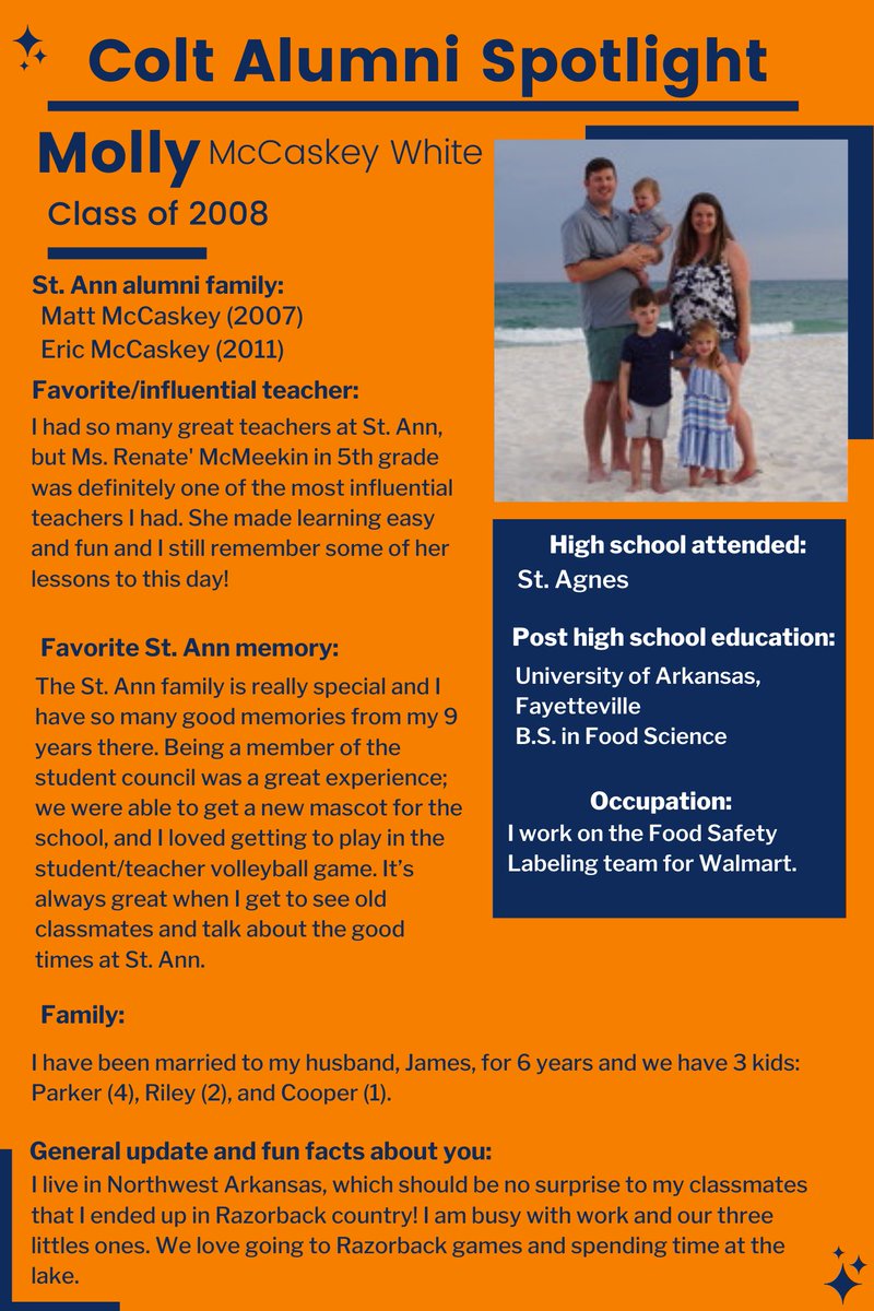 stannschool's tweet photo. We are excited to share with you this month's Colt Alumni Spotlight!
If you graduated from St. Ann, make sure and fill out the form below so you can stay in touch with us!
https://t.co/SYgYDzm4v6 https://t.co/UVrVf9czvw