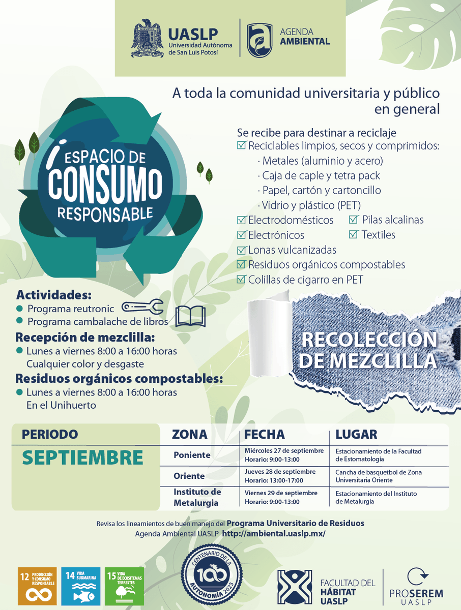 UASLP_Ambiental's tweet photo. ¡El Calendario de Consumo Responsable llegó!  
♻️27 de Septiembre-Estacionamiento de la Facultad de Estomatología UASLP
♻️9:00-13:00 h 28 de Septiembre - Facultad de ciencias, 
♻️9:00-17:00 h 29 de Septiembre 
#SLP #UASLPSostenible #AgendaAmbiental https://t.co/4G13jllgAP