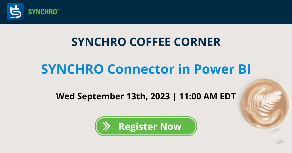 This month's Coffee Corner is this Wednesday, September 13th, at 11 am EDT! Our experts will discuss how to use the SYNCHRO Connector in Power BI to enhance project performance analytics. Save your seat here: bit.ly/3P94ymr

#SYNCHRO #digitalconstruction