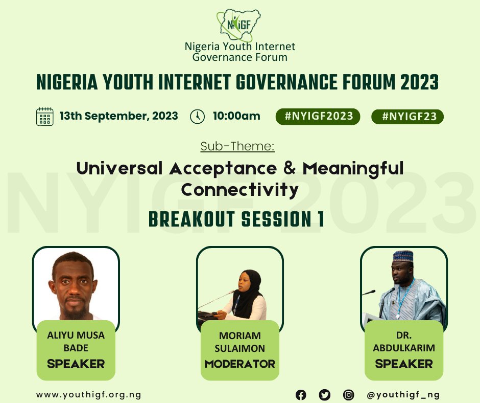 Universal Acceptance &amp; Meaningful Connectivity is to be dissected by ALIYU MUSA BADE &amp; DR. ABDULKARIM, moderated by the fascinating MORIAM SULAIMON.

Secure your connections for the now and the future by registering here👇🏼

ti.to/nyigf/2023
#NYIGF2023
#NYIGF23
#NYIGF