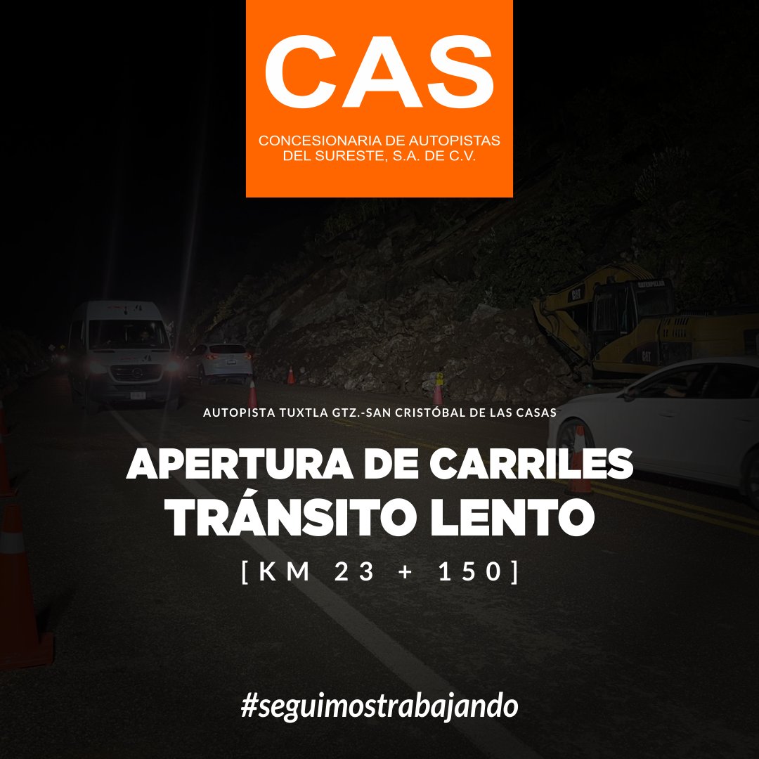 autopistaschis's tweet photo. 🛑 AVISO IMPORTANTE 🛑 Se abrió tránsito en ambos carriles, KM 23+150 de la Autopista TGZ-SLCS 🚧🚧 Tránsito lento en esta zona 🚧🚧 
Mantente alerta a los señalamientos. @VialidadTuxtla @AlertaChiapas  #OAA #MCA #SeguimosTrabajando #casmexico #autopistaschis https://t.co/WSGj4b9M3w