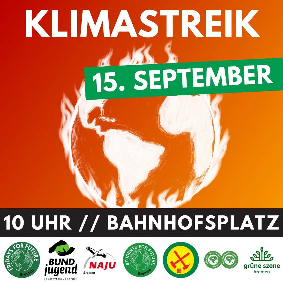 Kommt diesen FREITAG zum Klimastreik in Bremen. Gemeinsam mit unseren Partnern und EUCH streiken wir wieder für sozial gerechten Klimaschutz. 15.09.23
#Klimaschutz #FridaysForFuture #Klimakrise