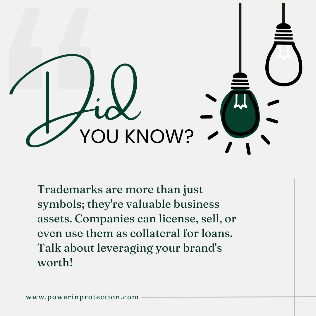 Think of trademarks as your business's secret currency—more than symbols, they're valuable assets. They hold the power to be licensed, sold, or even used as collateral for loans. Now that's how you magnify your brand's value! 
.