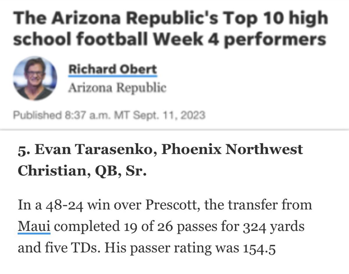 Evan Tarasenko (@evantarasenko) on Twitter photo Grateful to be named a TOP 10 Performer in Arizona from last Friday Night! <a href="/azc_obert/">Richard Obert</a>
<a href="/NC_CrusadersFB/">Northwest Christian Football</a> <a href="/DrewInness/">Drew Inness</a> <a href="/tyler_kohner11/">Tyler Kohner</a> <a href="/Coach_G87/">Juan Gallardo</a> <a href="/GregBiggins/">Greg Biggins</a> <a href="/BrandonHuffman/">Brandon Huffman</a> <a href="/QBHitList/">QBHitList.com</a> @QBManuch <a href="/Coach_MattClark/">Matthew Clark</a> <a href="/CoachBBaldwin/">Beau Baldwin</a> Grateful to be named a TOP 10 Performer in Arizona from last Friday Night! <a href="/azc_obert/">Richard Obert</a>
<a href="/NC_CrusadersFB/">Northwest Christian Football</a> <a href="/DrewInness/">Drew Inness</a> <a href="/tyler_kohner11/">Tyler Kohner</a> <a href="/Coach_G87/">Juan Gallardo</a> <a href="/GregBiggins/">Greg Biggins</a> <a href="/BrandonHuffman/">Brandon Huffman</a> <a href="/QBHitList/">QBHitList.com</a> @QBManuch <a href="/Coach_MattClark/">Matthew Clark</a> <a href="/CoachBBaldwin/">Beau Baldwin</a>