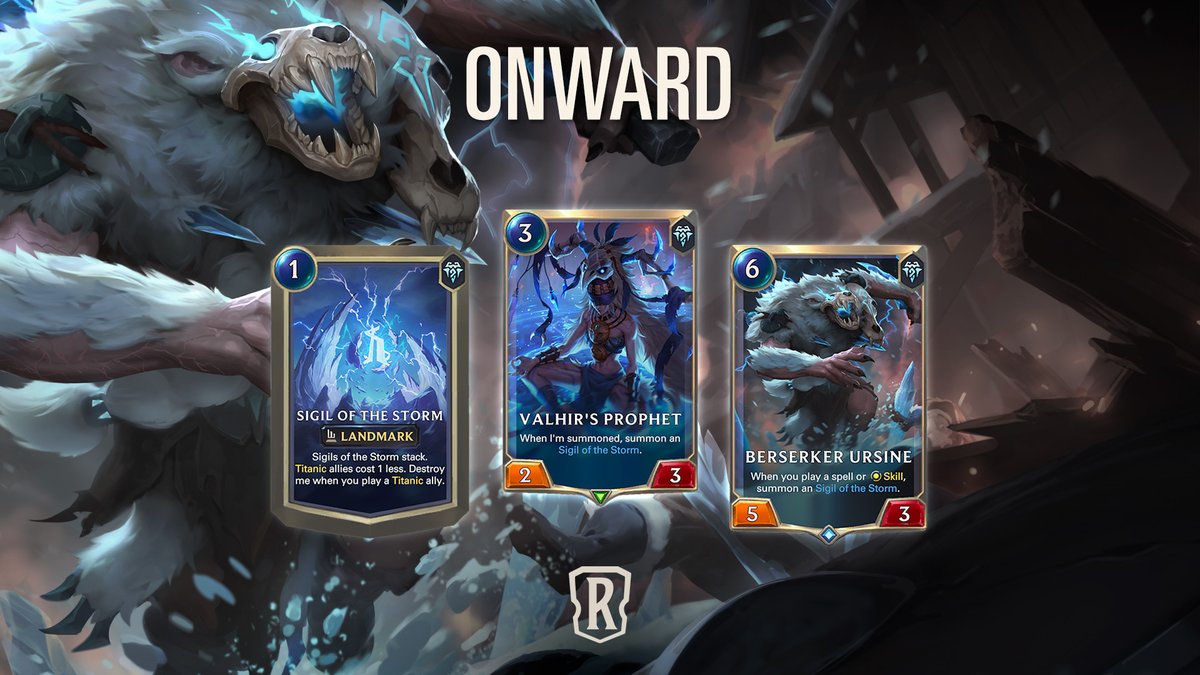 PlayRuneterra's tweet photo. Mighty titans rise and the choice is yours. Will you be their ally, or dare to challenge them?

New cards from the Freljord and Targon join the fray. Check them out in the Fate's Voyage: Onward card gallery and see if they unlock any new strategies or your next deck. https://t.co/0xhPK7KuiP