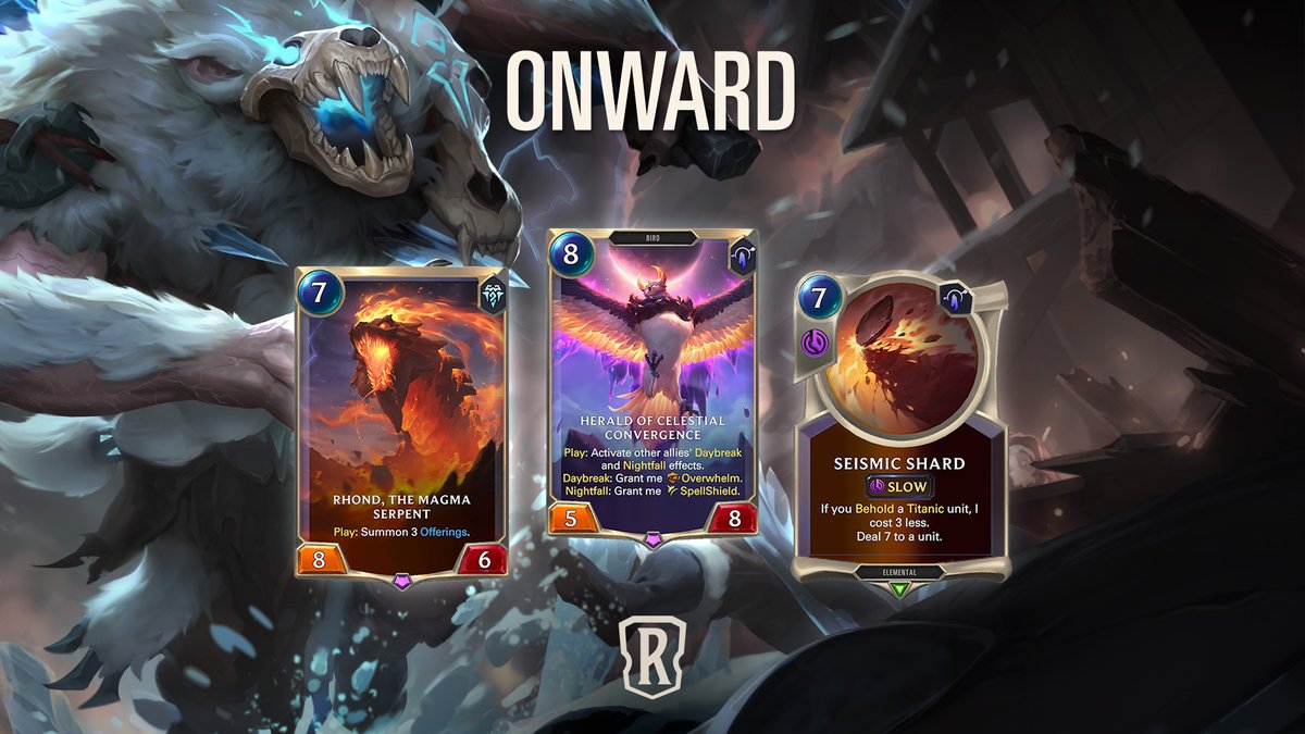 Mighty titans rise and the choice is yours. Will you be their ally, or dare to challenge them?

New cards from the Freljord and Targon join the fray. Check them out in the Fate's Voyage: Onward card gallery and see if they unlock any new strategies or your next deck.