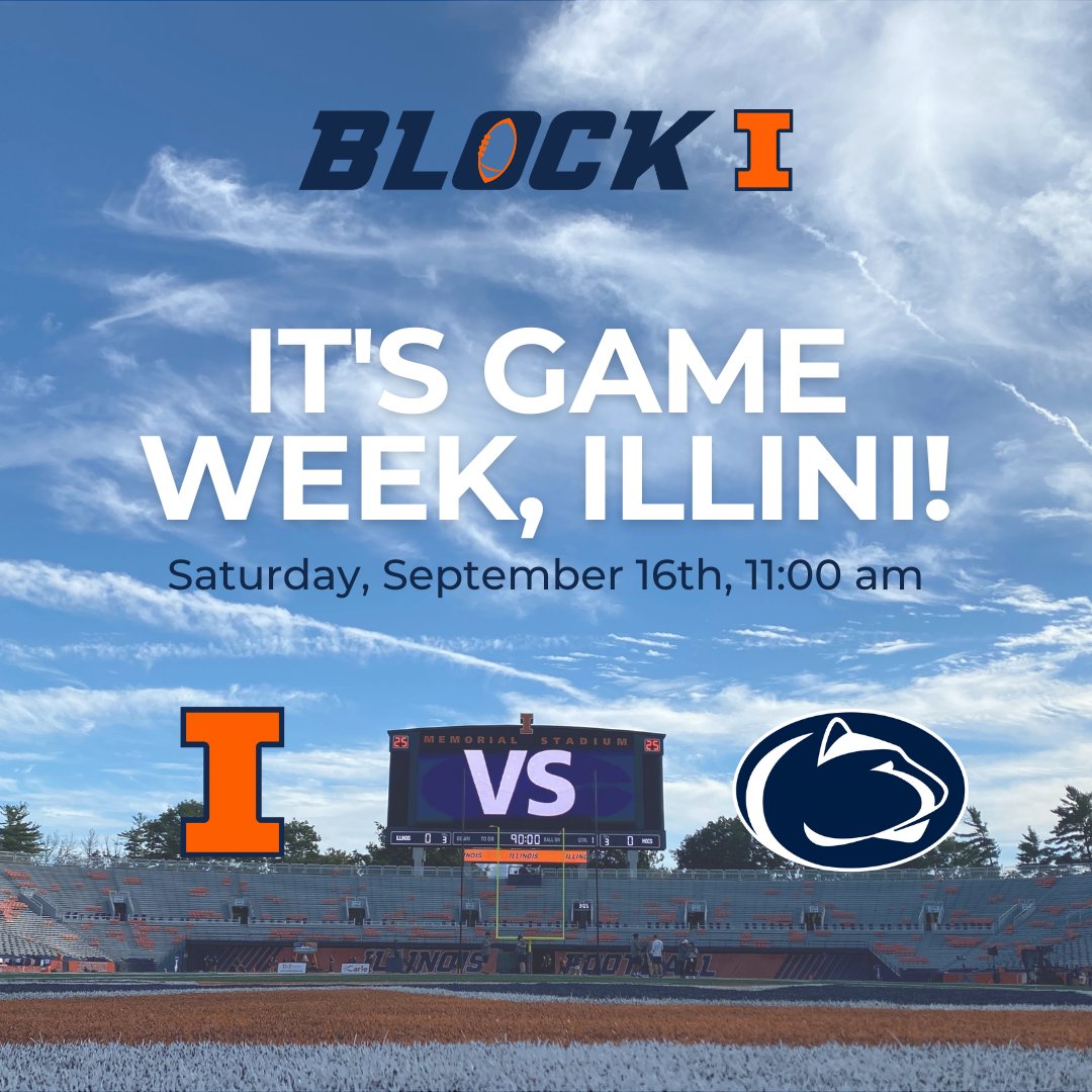 IllinoisBlockI's tweet photo. Happy Game Week, Illini! We're so excited to see you in Grange Grove and the North Endzone this Saturday as we take on #7 Penn State! It's our B1G home opener and Hail to the Orange Out, so we need you all to wear orange and be LOUD! 🔷🔶

#FamILLy | #HTTO | #Illini https://t.co/Fu19RNn4u9