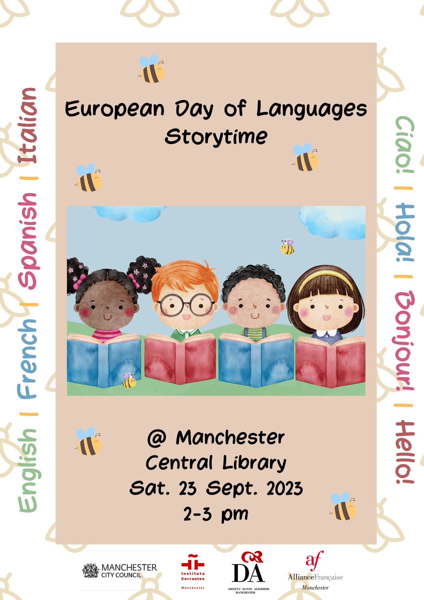 Instituto Cervantes Manchester (@icmanchester) on Twitter photo Bonjour! Ciao! Hola! Hello!
European Day of Languages Storytime <a href="/MancLibraries/">Manchester Libraries</a>
Let your children discover new cultures and vocabulary in a creative way. 🇬🇧🇪🇸🇫🇷🇮🇹
📅Sat, 23 Sep · 3 pm
No booking is required
<a href="/CGEspManchester/">Consulado General de España en Mánchester</a> <a href="/Embamexru/">Mexican Embassy UK</a> <a href="/LaDanteMCR/">La Dante Manchester</a> <a href="/af_mcr/">Alliance Française de Manchester</a> <a href="/BestOfMcr/">Best Of Manchester</a> <a href="/redglobalmxUK/">Red Global Mx UK</a> Bonjour! Ciao! Hola! Hello!
European Day of Languages Storytime <a href="/MancLibraries/">Manchester Libraries</a>
Let your children discover new cultures and vocabulary in a creative way. 🇬🇧🇪🇸🇫🇷🇮🇹
📅Sat, 23 Sep · 3 pm
No booking is required
<a href="/CGEspManchester/">Consulado General de España en Mánchester</a> <a href="/Embamexru/">Mexican Embassy UK</a> <a href="/LaDanteMCR/">La Dante Manchester</a> <a href="/af_mcr/">Alliance Française de Manchester</a> <a href="/BestOfMcr/">Best Of Manchester</a> <a href="/redglobalmxUK/">Red Global Mx UK</a>