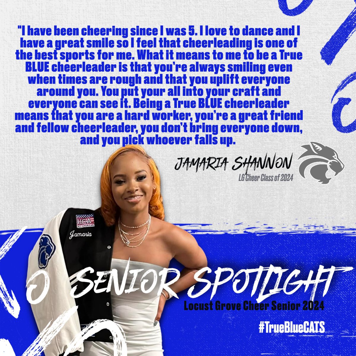 lgcheercats's tweet photo. SENIOR SPOTLIGHT:
Up first for this season, our Senior Spotlight is on @JamariaShannon! Spunky, sassy, and such a joy to have on our team! She keeps us in line and steals my seat every chance she gets! 😂💙 #TRUEBLUECATS @jaycicarroll @Ing1204Ing @LGHS_HCS @LGHS_Athletics https://t.co/4fkKa4tJVa