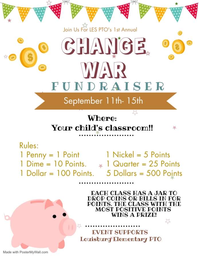 The Change War is in full swing. So far we have raised $299!
Please continue to send change and bills with your students.
Thank you so much for your participation!