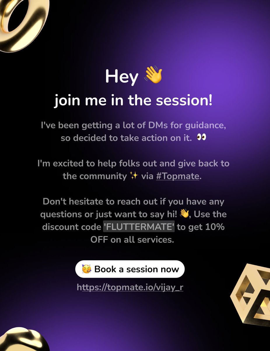 Hey folks, If you like to connect with me on a 1:1 discussion about mentorship, guidance, pair-programming and more... 

Book a session now : topmate.io/vijay_r