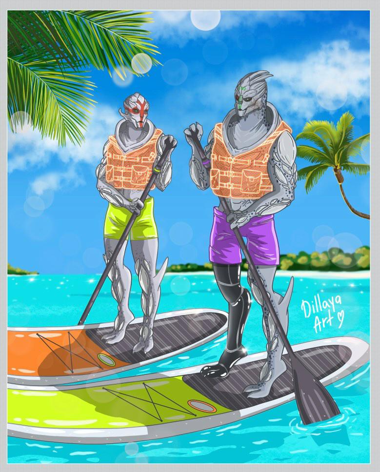 // Thanks to <a href="/DillayaArt/">Dillaya Art ❤️Comms open</a> for giving Garret and <a href="/KirionRayen/">Lt. Kirion Rayen</a> a summer vacation at the beach. (And making sure they had omni-life preservers so they don't drown in the water like all turians fear.) Fun fact, this is the first visual appearance of Garret's synthetic leg. //