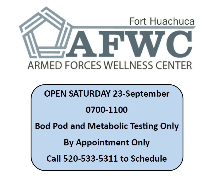 RWBAHC1's tweet image. The Fort Huachuca AFWC will offer some Saturday appointments on September 23, 2023! Call or stop by today to book your BodPod or resting metabolic rate assessment.