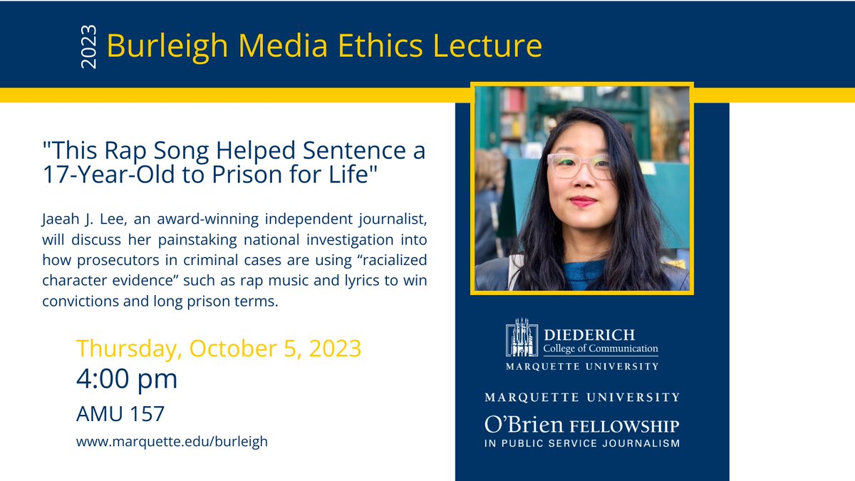 Diederich College (@mucollegeofcomm) on Twitter photo Don't miss this year's annual #BurleighLecture with <a href="/jaeahjlee/">Jaeah J. Lee</a>, winner of the Doris J. Maynard Justice award sponsored by <a href="/MUOBrien/">O'Brien Fellowship</a>
Registration is now open bit.ly/47SZkUi <a href="/MarquetteU/">Marquette University</a> <a href="/MarquetteToday/">Marquette Today</a> <a href="/MUArtsSciences/">Marquette University College of Arts & Sciences</a> <a href="/mulaw/">Marquette University Law School</a> Don't miss this year's annual #BurleighLecture with <a href="/jaeahjlee/">Jaeah J. Lee</a>, winner of the Doris J. Maynard Justice award sponsored by <a href="/MUOBrien/">O'Brien Fellowship</a>
Registration is now open bit.ly/47SZkUi <a href="/MarquetteU/">Marquette University</a> <a href="/MarquetteToday/">Marquette Today</a> <a href="/MUArtsSciences/">Marquette University College of Arts & Sciences</a> <a href="/mulaw/">Marquette University Law School</a>