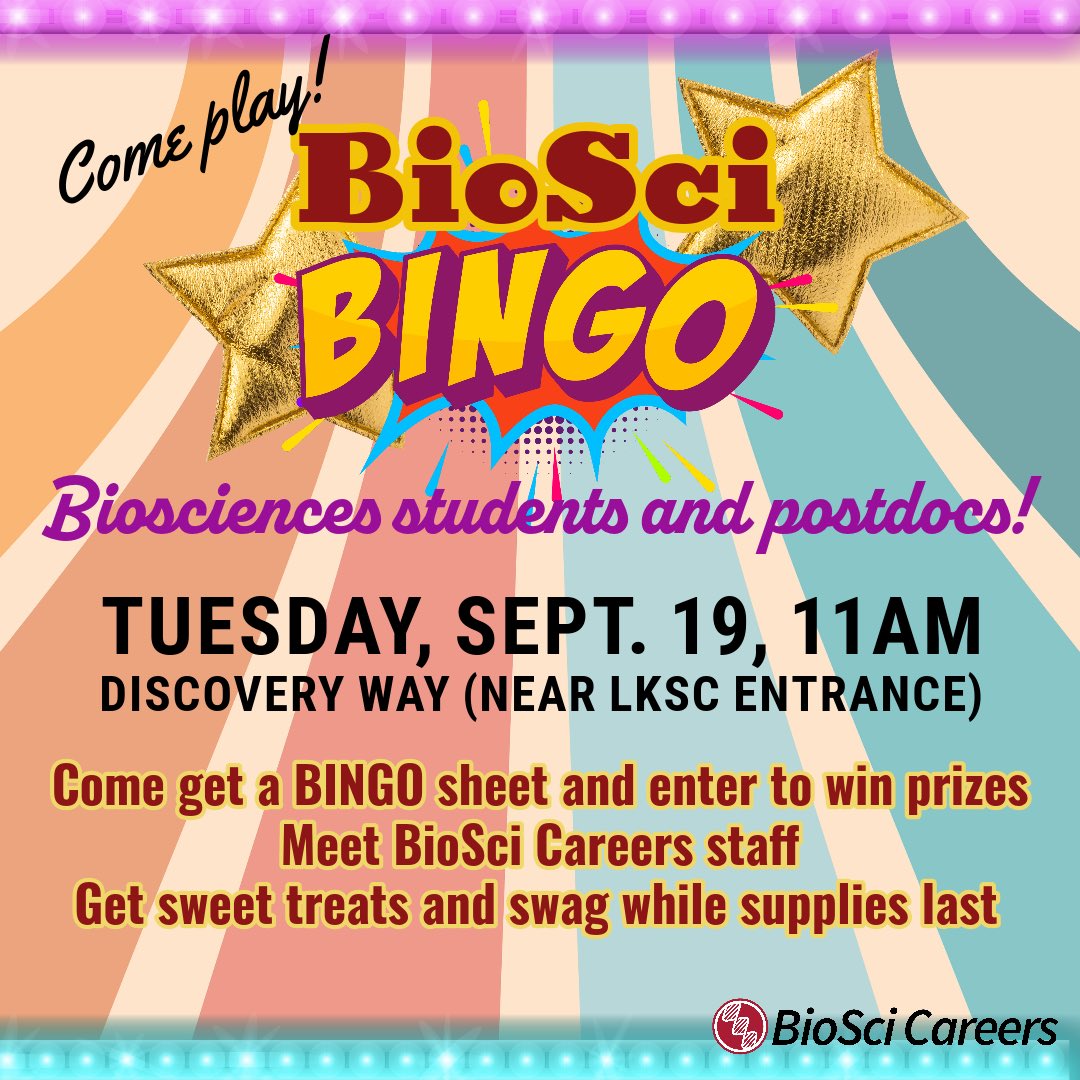 Would you like to play BINGO with @StanfordBiosci!? ⭐️🗓️ Event = Tuesday, 9/19, 11am-12:30pm, LKSC Discovery Way Students & Postdocs are invited to play BioSci Bingo! Sweet treats and swag will be available while supplies last. No RSVP needed. Just show up and play along!