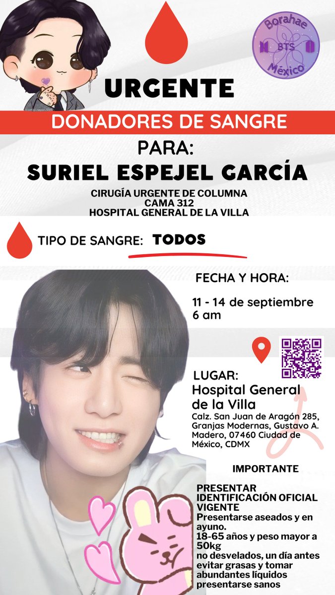 BorahaeBTSmx's tweet photo. Army, necesitamos tu apoyo. Nuestra hermana morada "Suriel" aun no consigue sus donadores y eso tiene a su familia muy preocupada. Su cirugía es hoy. Compartan y acudan a donar. Se necesitan 8 personas. Manden mucho cariñito aquí si gustan a Suriel, su bias es JK. https://t.co/zOKiE7lOU3