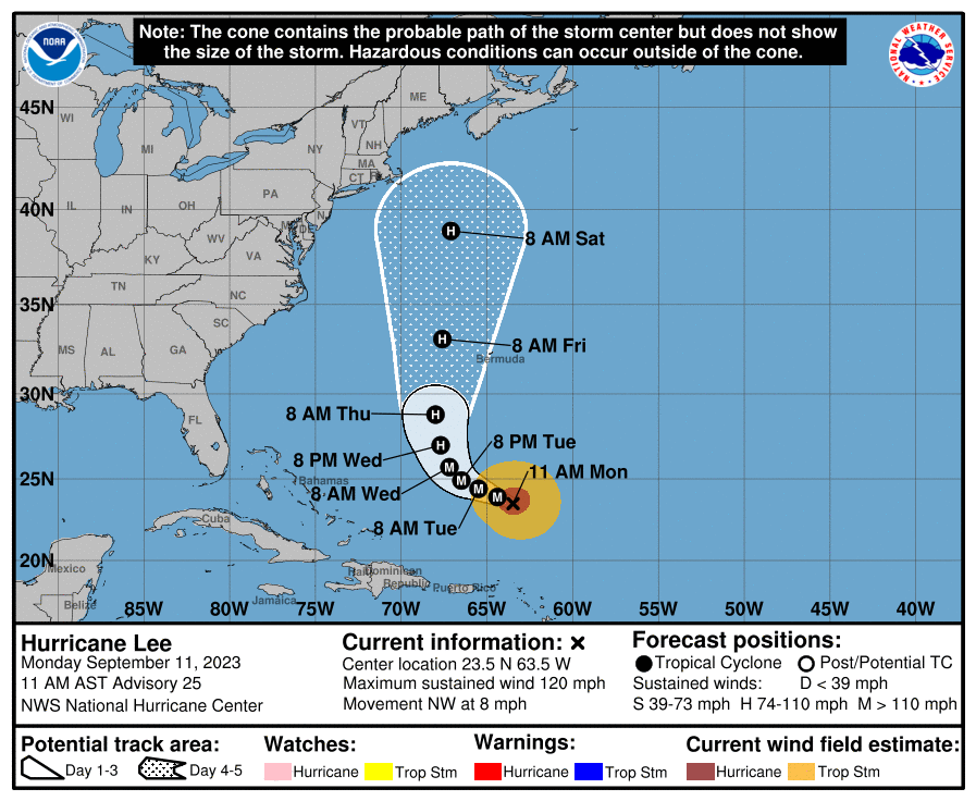 PalmettoChasers's tweet photo. Hurricane #Lee is expected to make a northward turn by mid-week, and eventually become a threat to New England and Atlantic Canada by this weekend. With an expanding windfield impacts will be felt well away from the center, even if the center stays offshore. https://t.co/OVwu2np4A6