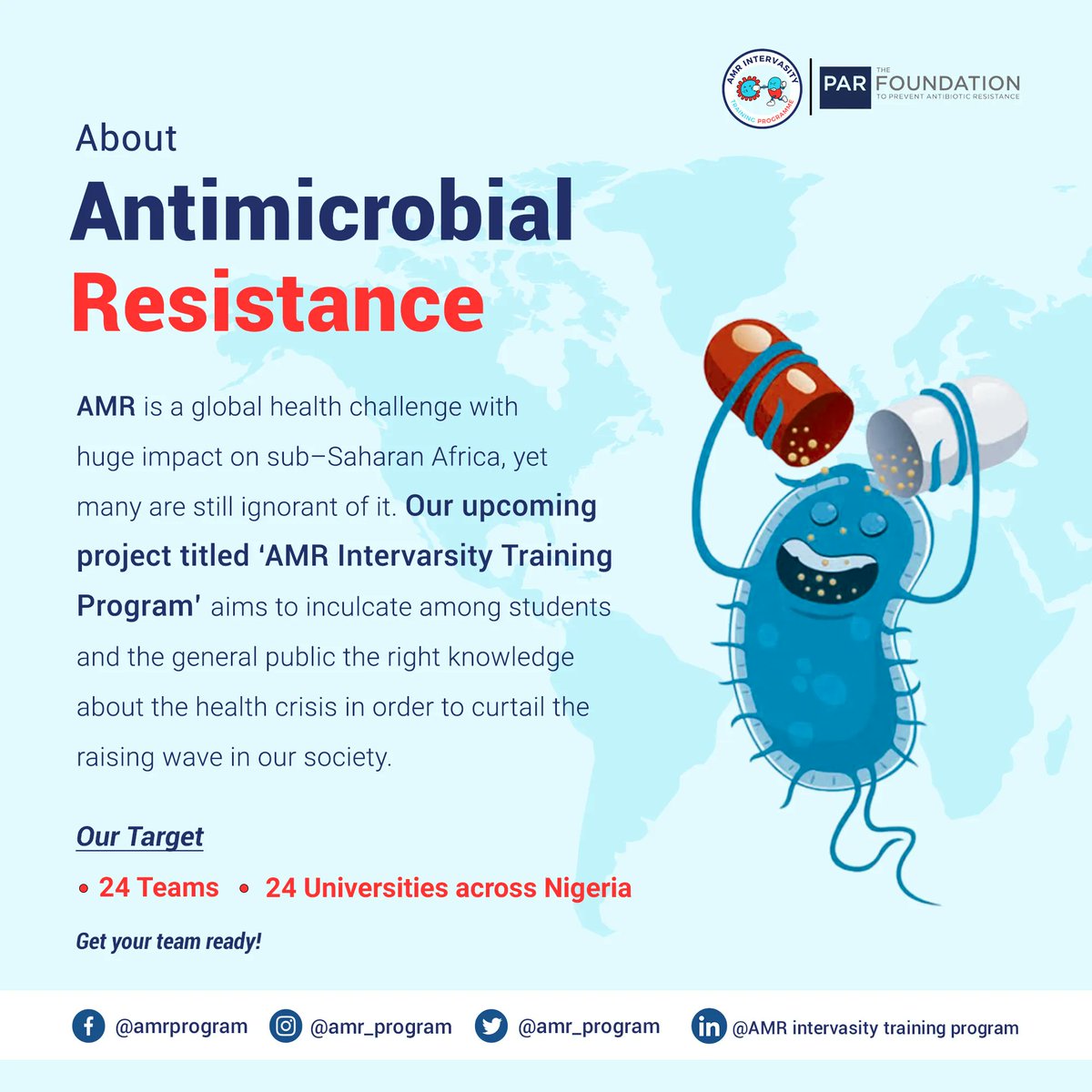 Join us in the fight against Antimicrobial Resistance!
Our 'AMR Intervarsity Training Program' is on a mission to educate the public about this global health challenge, especially in Sub-Saharan Africa. #AMRPrevention #GlobalHealth #AMRAwareness.